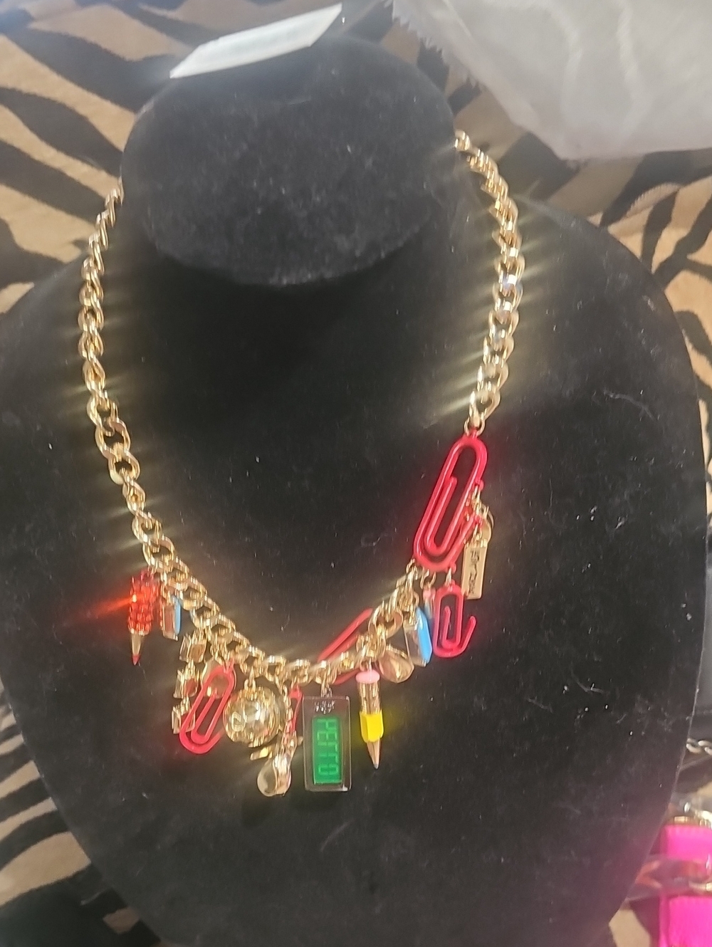 Betsey Johnson Gold Chain Necklace with School Pink and Multicolor Charms